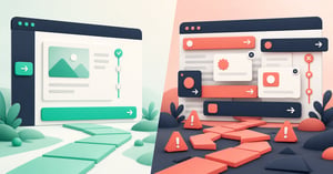 Split website illustration contrasting one clear persistent call to action with several overlapping prompts