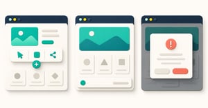Three website interfaces comparing a floating toolbar, a sticky action bar and an interruptive modal